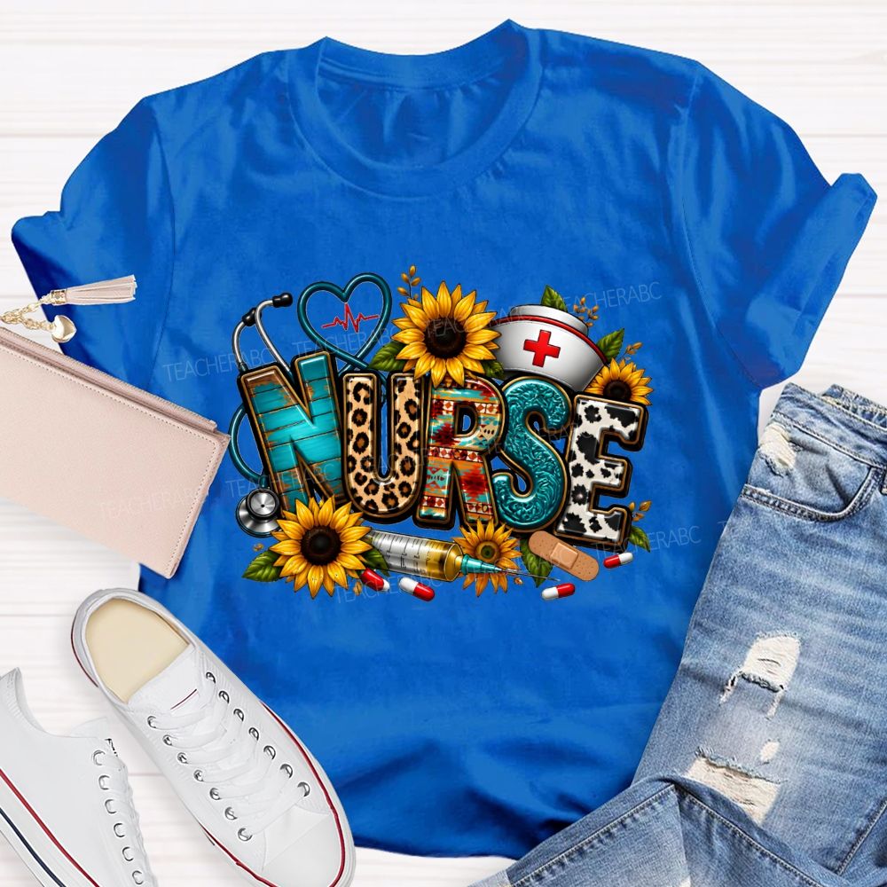 School Nurse Sunflower Leopard Letter Stethoscope T-shirt