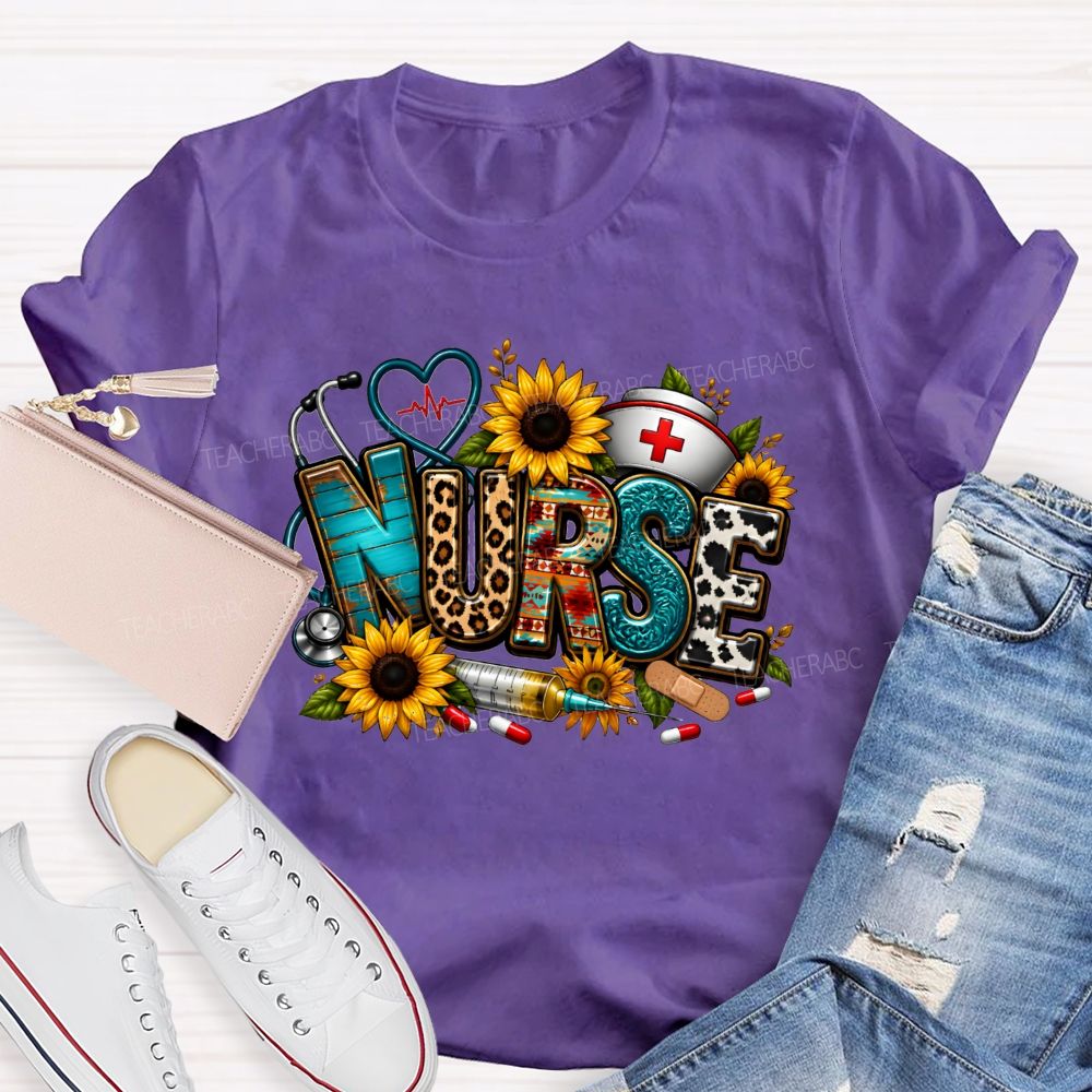 School Nurse Sunflower Leopard Letter Stethoscope T-shirt