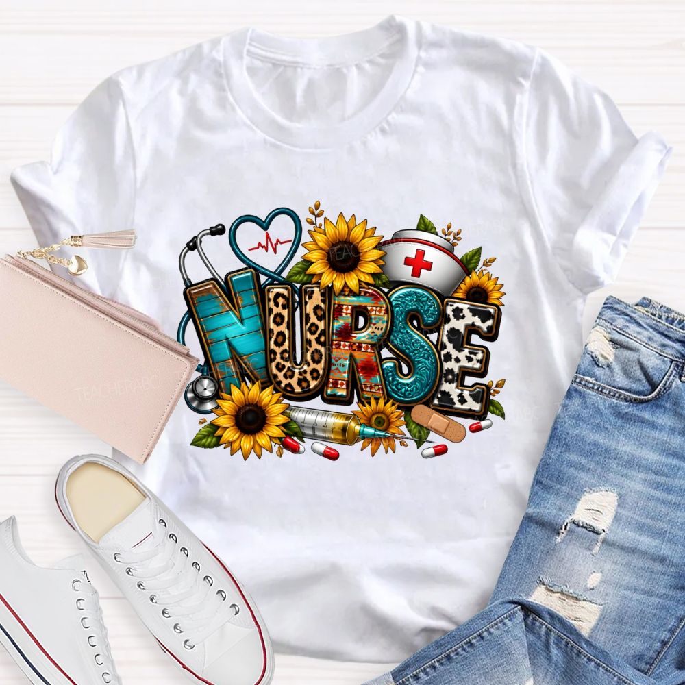 School Nurse Sunflower Leopard Letter Stethoscope T-shirt