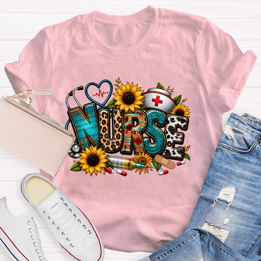 School Nurse Sunflower Leopard Letter Stethoscope T-shirt