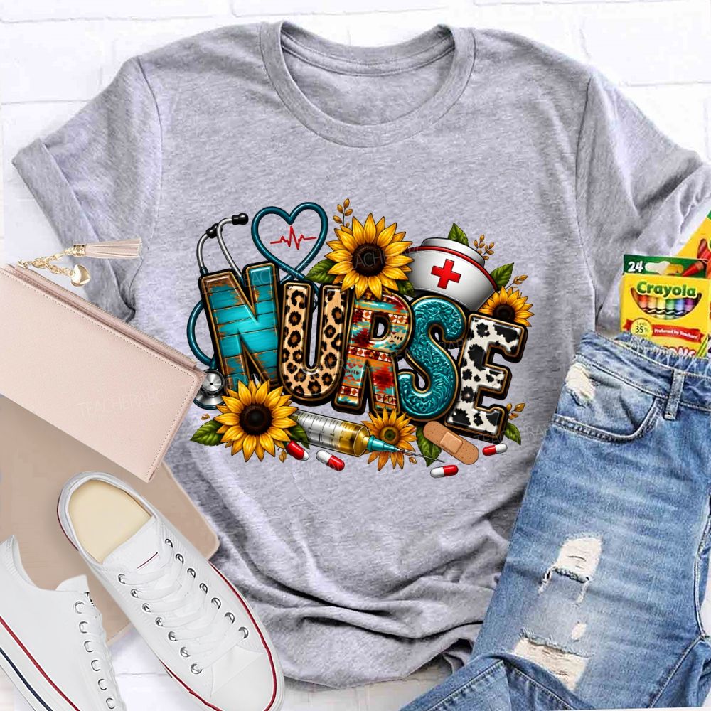 School Nurse Sunflower Leopard Letter Stethoscope T-shirt