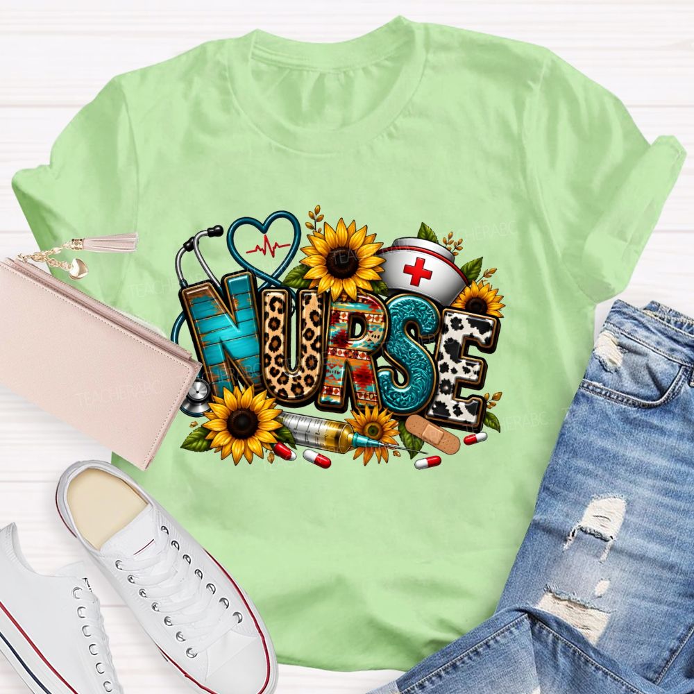 School Nurse Sunflower Leopard Letter Stethoscope T-shirt