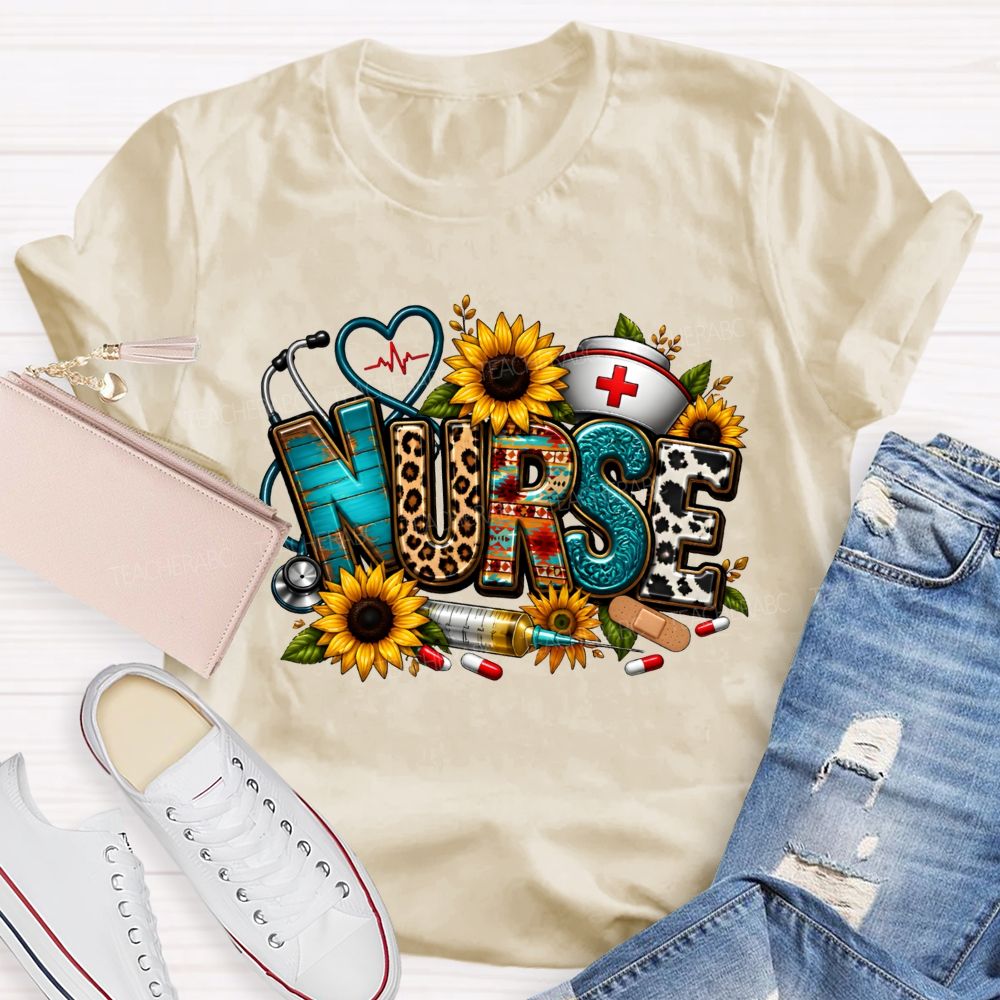 School Nurse Sunflower Leopard Letter Stethoscope T-shirt