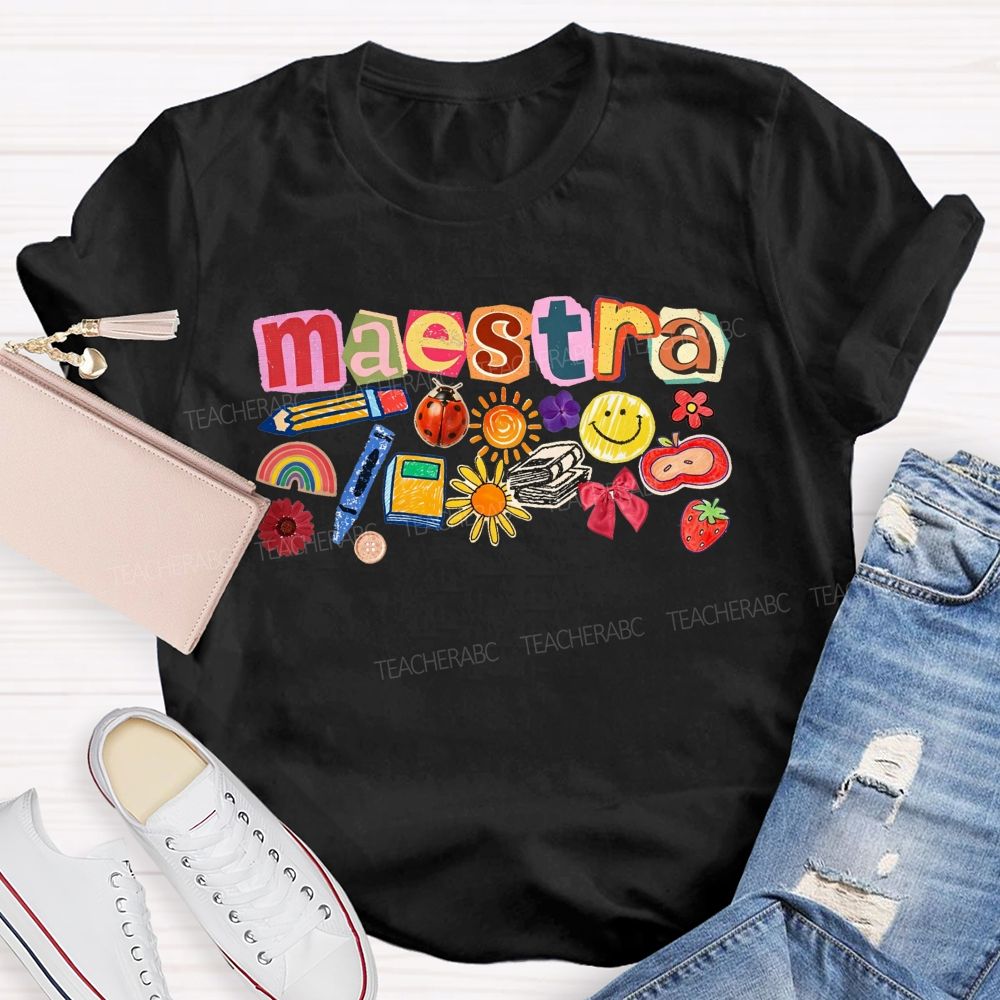 Colorful Maestra Doodle Letters School Supplies Teacher T-shirt