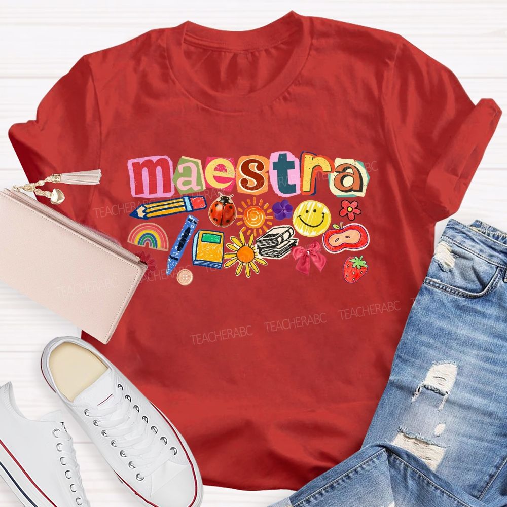 Colorful Maestra Doodle Letters School Supplies Teacher T-shirt