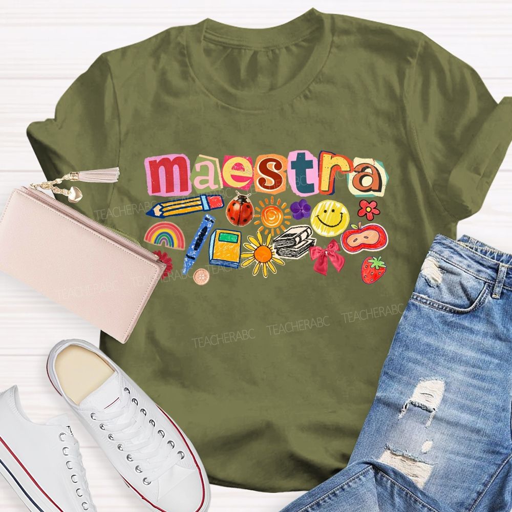 Colorful Maestra Doodle Letters School Supplies Teacher T-shirt