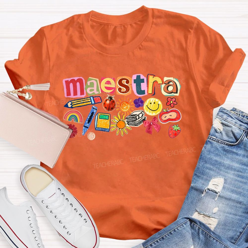 Colorful Maestra Doodle Letters School Supplies Teacher T-shirt