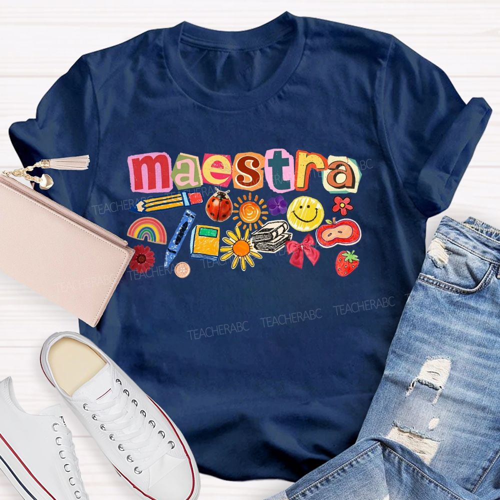 Colorful Maestra Doodle Letters School Supplies Teacher T-shirt