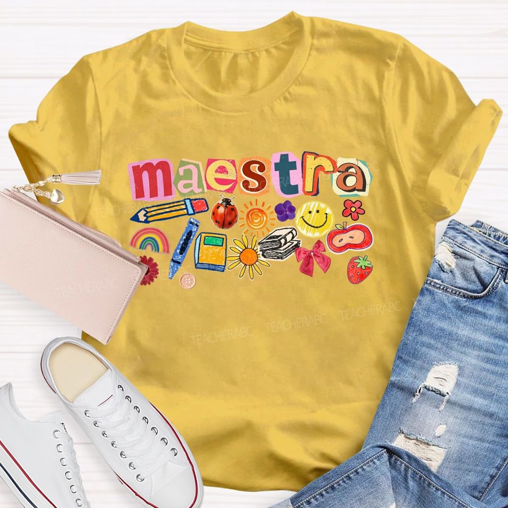 Colorful Maestra Doodle Letters School Supplies Teacher T-shirt