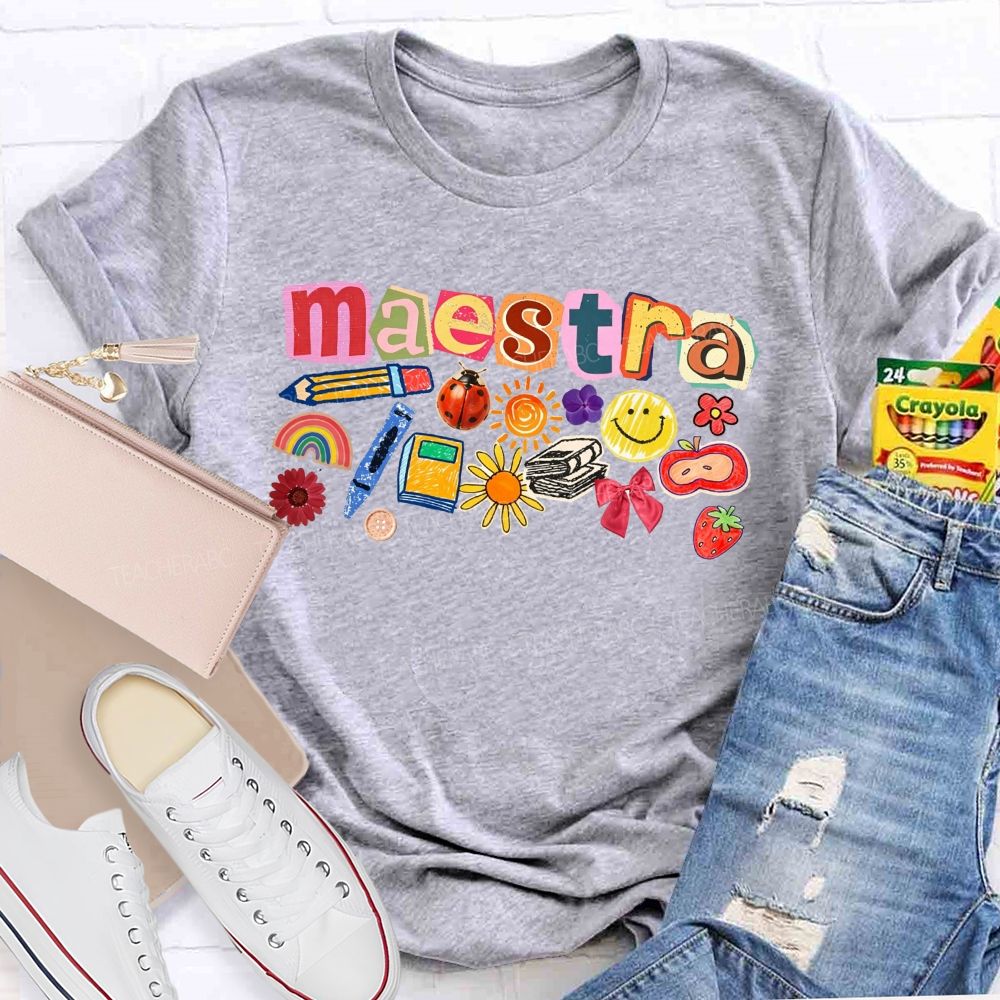 Colorful Maestra Doodle Letters School Supplies Teacher T-shirt