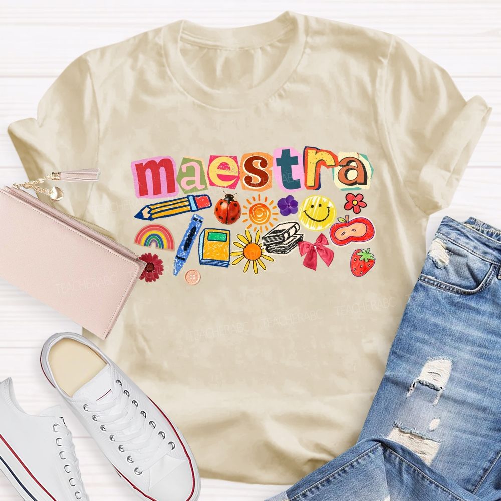 Colorful Maestra Doodle Letters School Supplies Teacher T-shirt