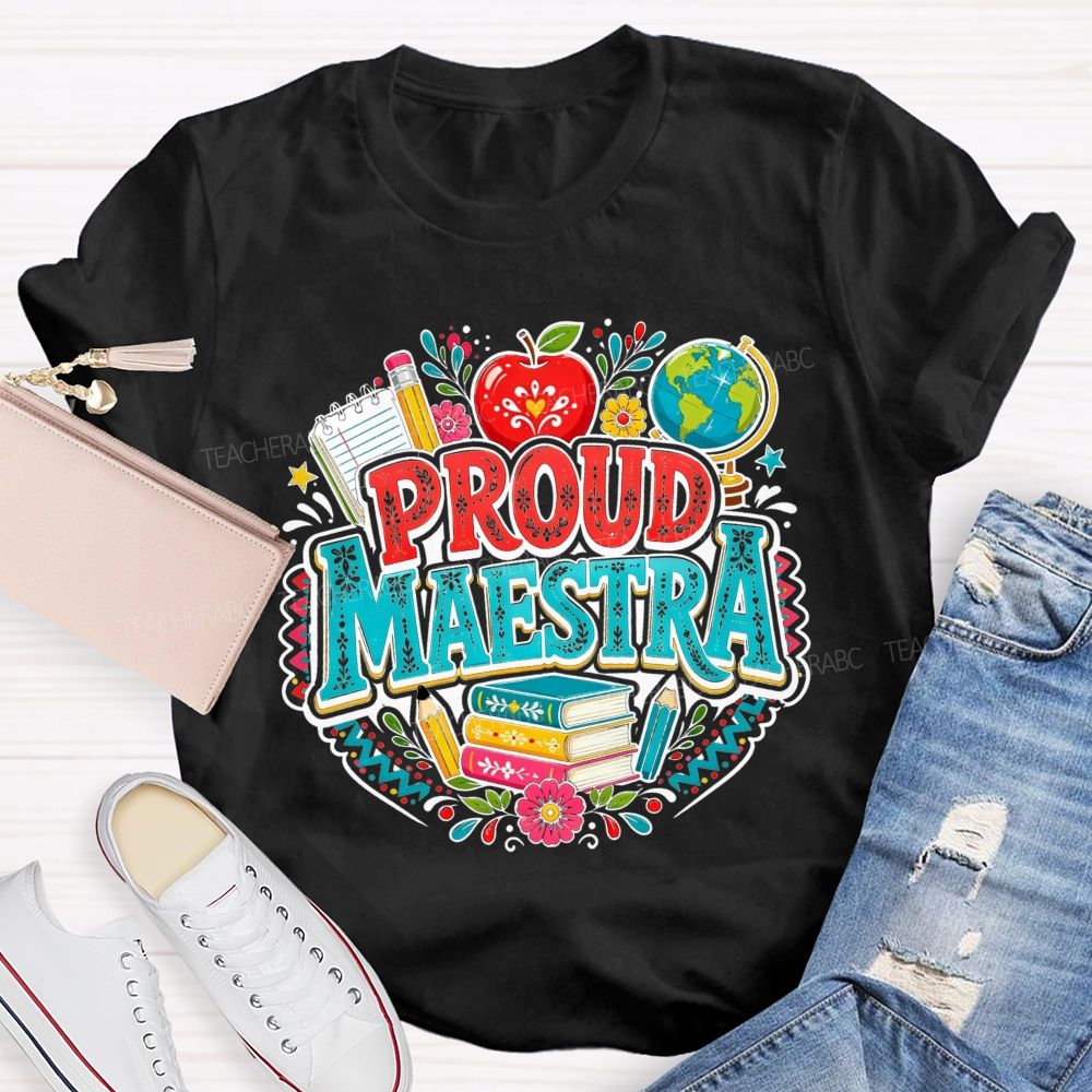Proud Maestra Apple Globe Book Floral Teacher T-shirt