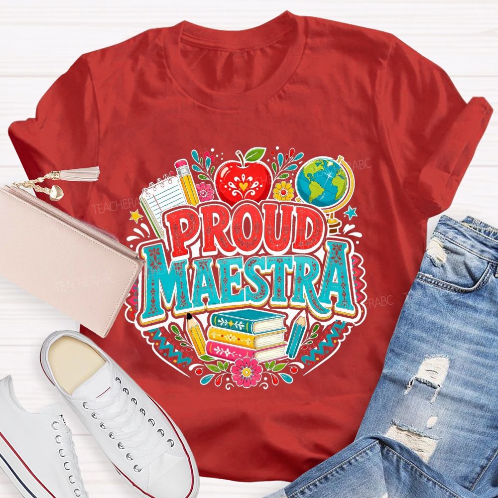 Proud Maestra Apple Globe Book Floral Teacher T-shirt