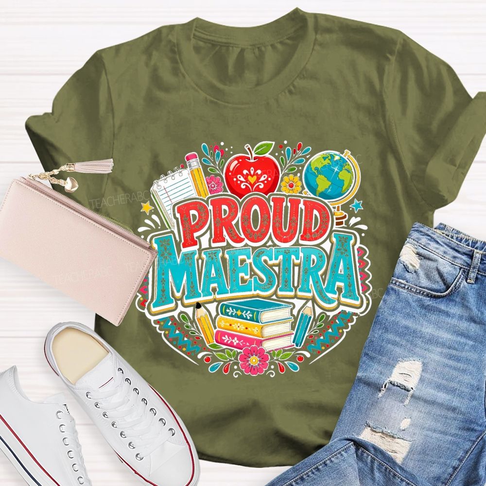 Proud Maestra Apple Globe Book Floral Teacher T-shirt