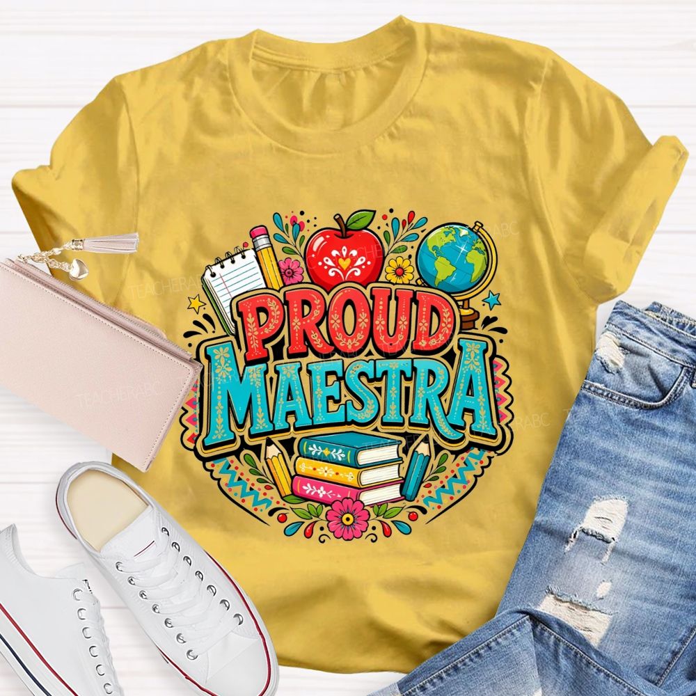 Proud Maestra Apple Globe Book Floral Teacher T-shirt