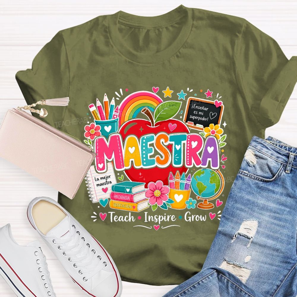Maestra Teach Inspire Grow La Mejor Maestra Spanish Bilingual Teacher T-shirt