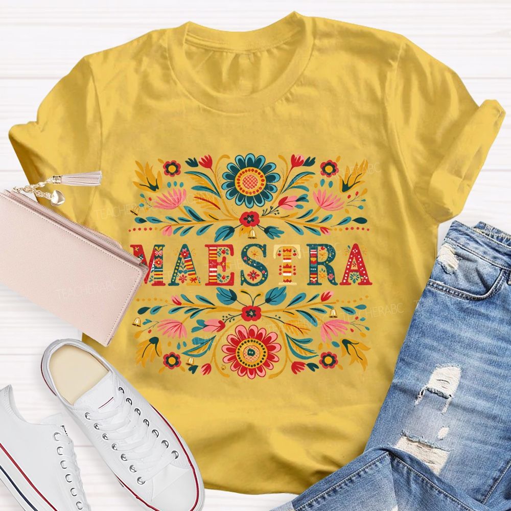 Maestra Colorful Floral Folk Art Bilingual Teacher T-shirt