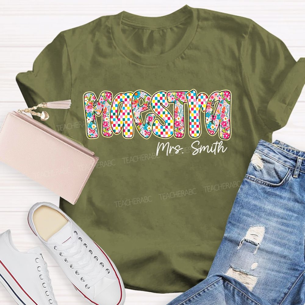 Personalized Name Maestra Checkerboard Floral Bilingual Educators Teacher T-shirt