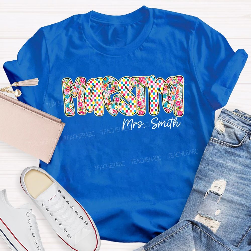Personalized Name Maestra Checkerboard Floral Bilingual Educators Teacher T-shirt