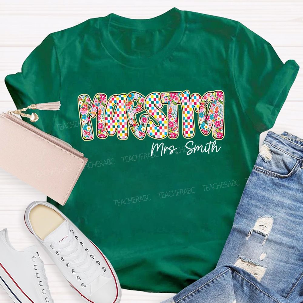 Personalized Name Maestra Checkerboard Floral Bilingual Educators Teacher T-shirt