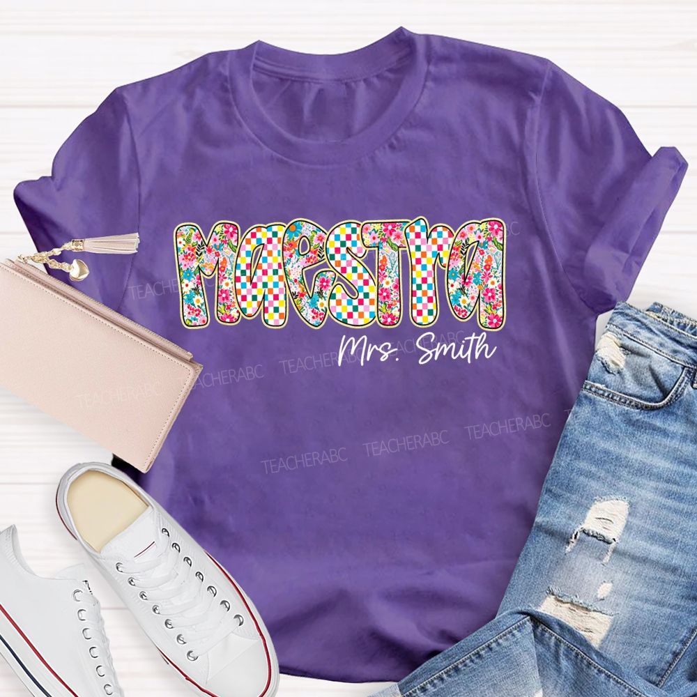 Personalized Name Maestra Checkerboard Floral Bilingual Educators Teacher T-shirt