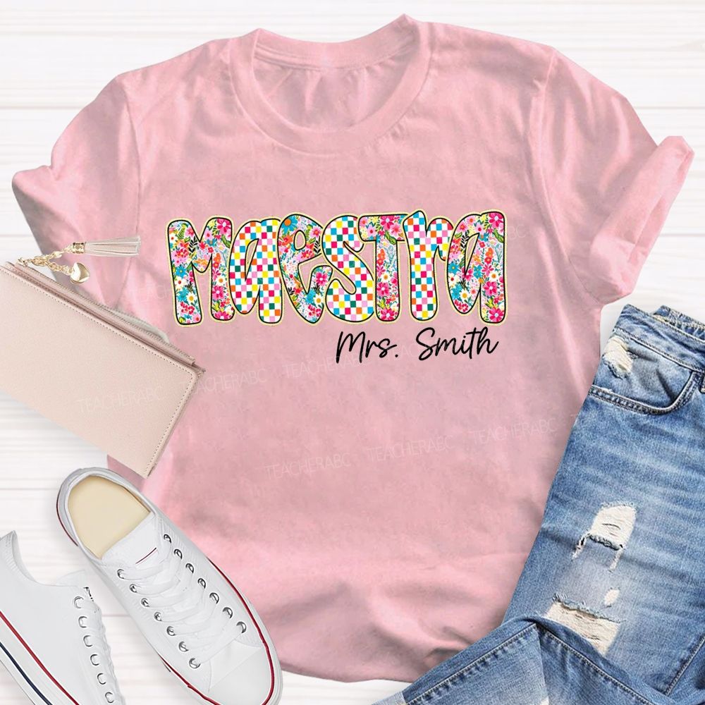 Personalized Name Maestra Checkerboard Floral Bilingual Educators Teacher T-shirt