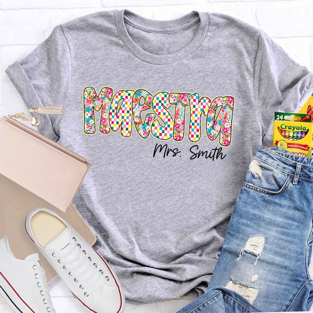 Personalized Name Maestra Checkerboard Floral Bilingual Educators Teacher T-shirt