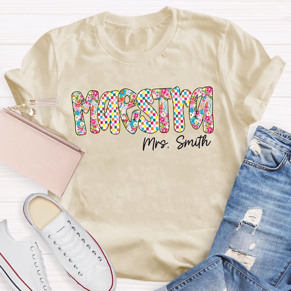 Personalized Name Maestra Checkerboard Floral Bilingual Educators Teacher T-shirt