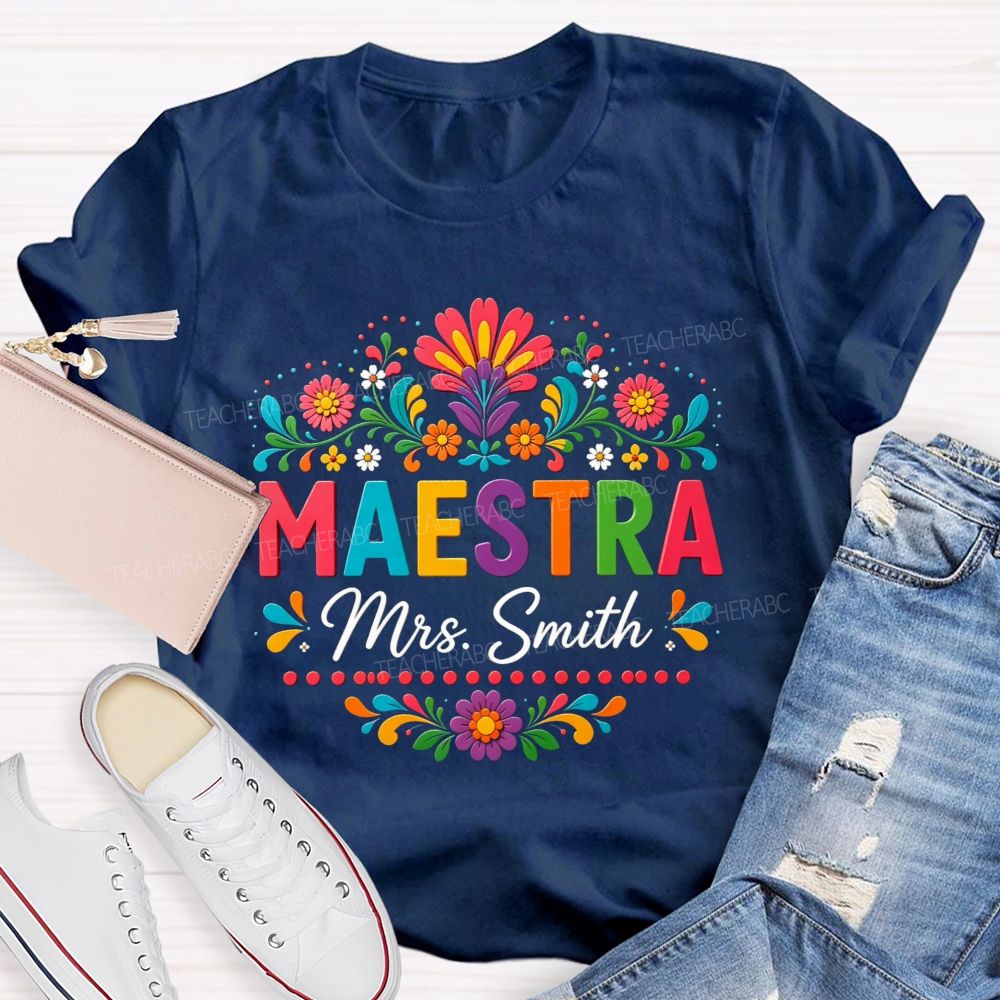 Personalized Name Maestra Vintage Flower Teacher T-Shirt
