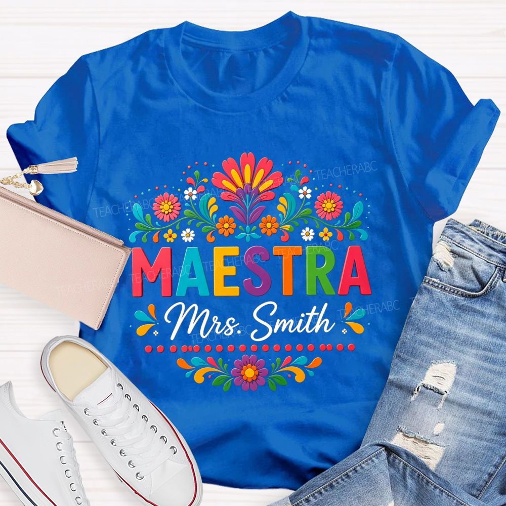 Personalized Name Maestra Vintage Flower Teacher T-Shirt