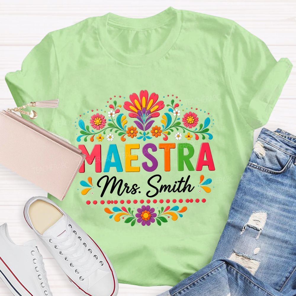 Personalized Name Maestra Vintage Flower Teacher T-Shirt