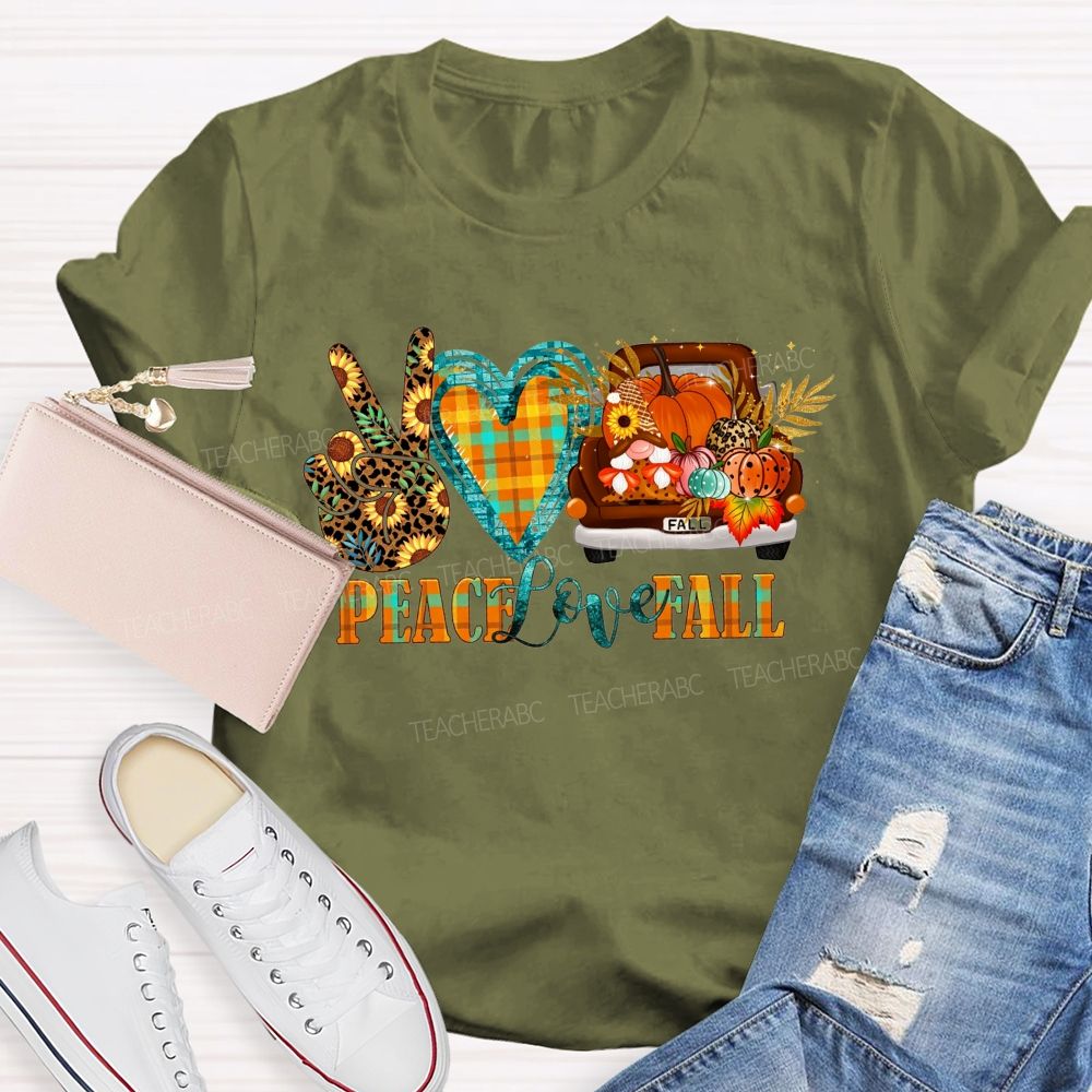 Peace Love Fall Vintage Truck Pumpkin Teacher T-shirt