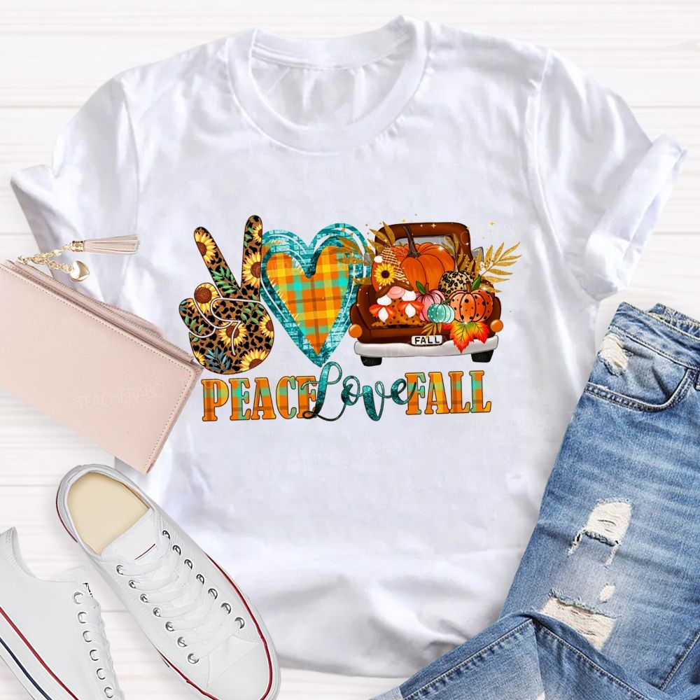 Peace Love Fall Vintage Truck Pumpkin Teacher T-shirt