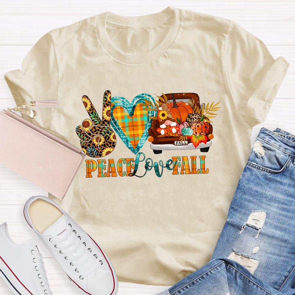 Peace Love Fall Vintage Truck Pumpkin Teacher T-shirt