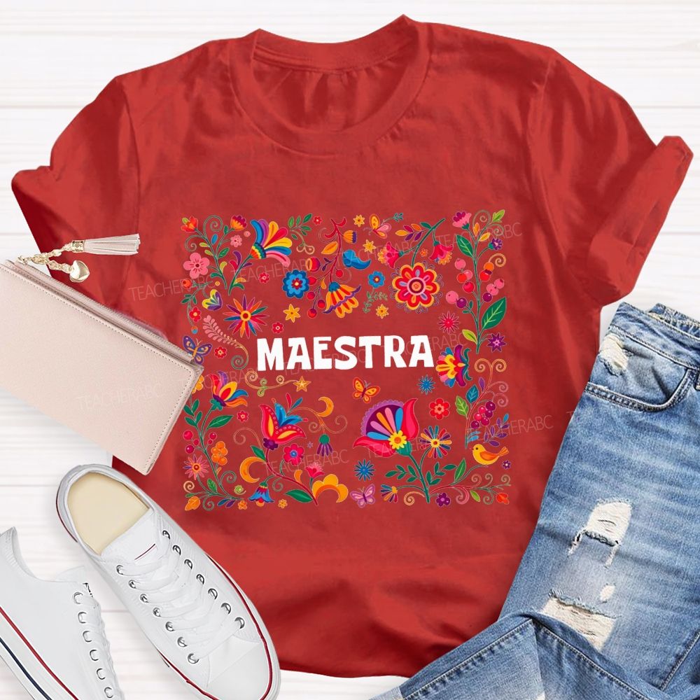 Maestra Sublimation Folk Floral Graphi Teacher T-shirt