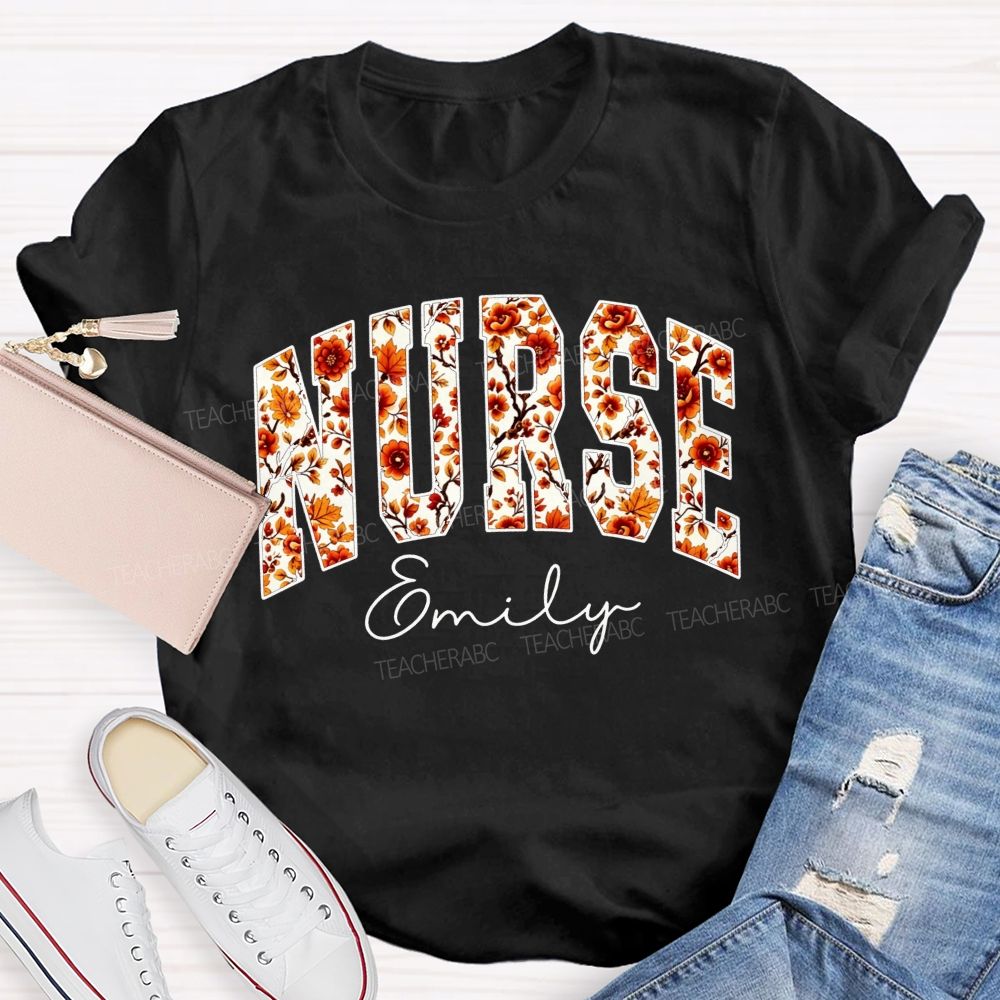 Personalized Name School Nurse Fall Floral Nurse T-shirt