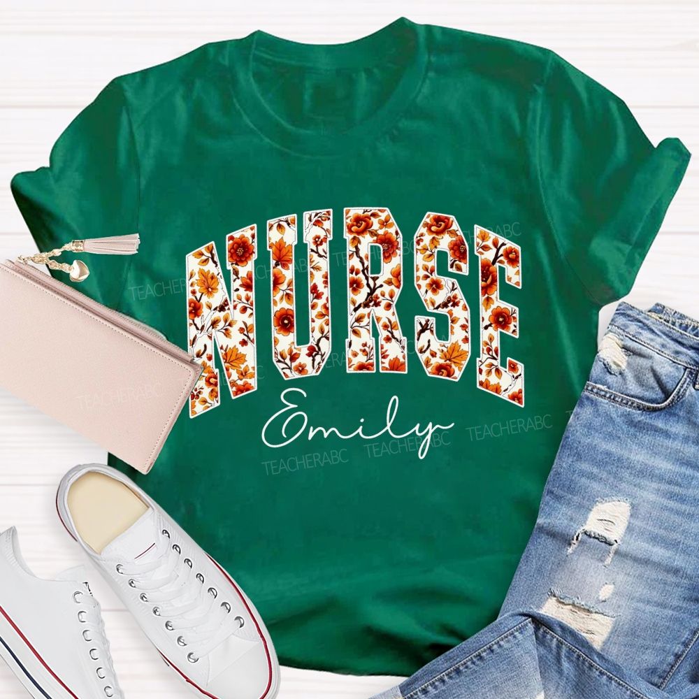 Personalized Name School Nurse Fall Floral Nurse T-shirt