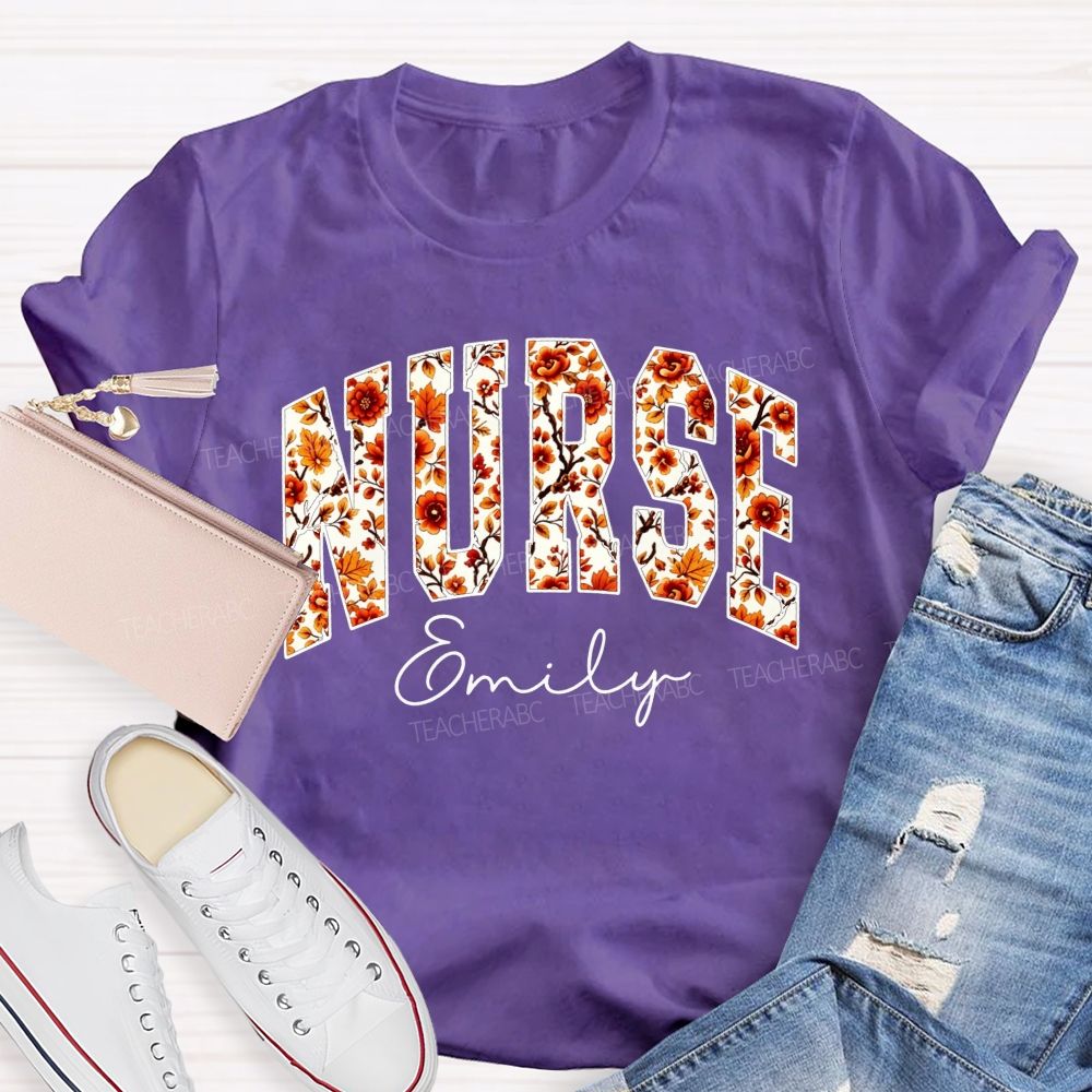 Personalized Name School Nurse Fall Floral Nurse T-shirt