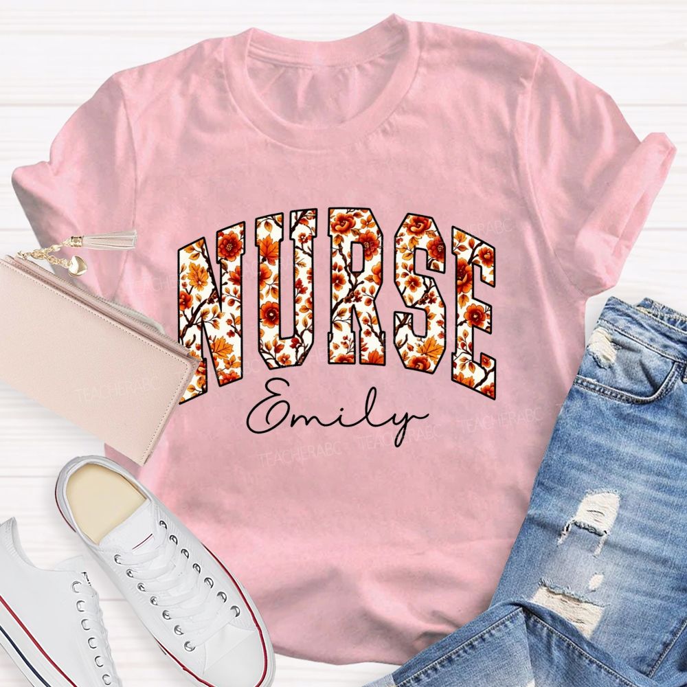 Personalized Name School Nurse Fall Floral Nurse T-shirt