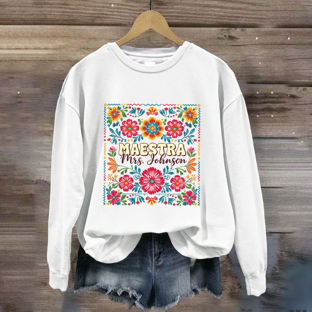 Personalized Name Bilingual Teacher Vintage Floral  Sweatshirt