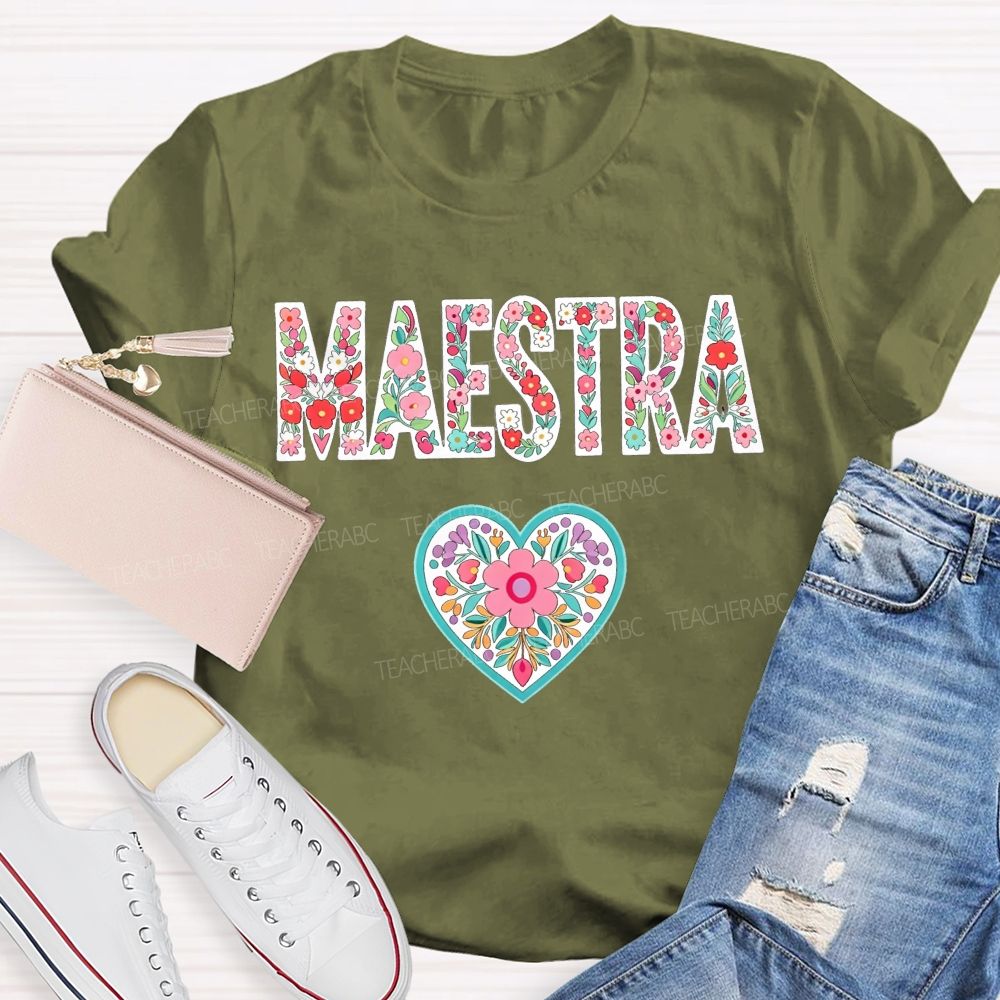 Maestra Floral Letters Heart Teacher T-shirt