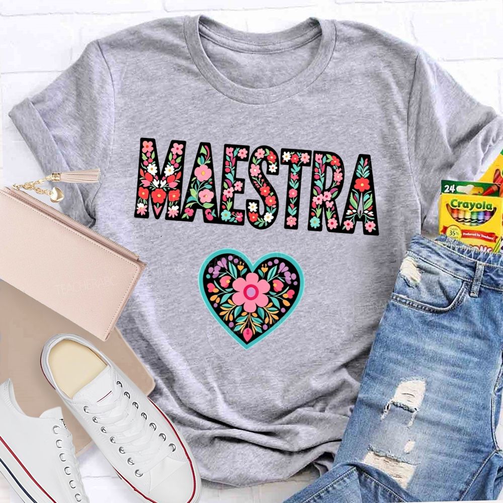 Maestra Floral Letters Heart Teacher T-shirt