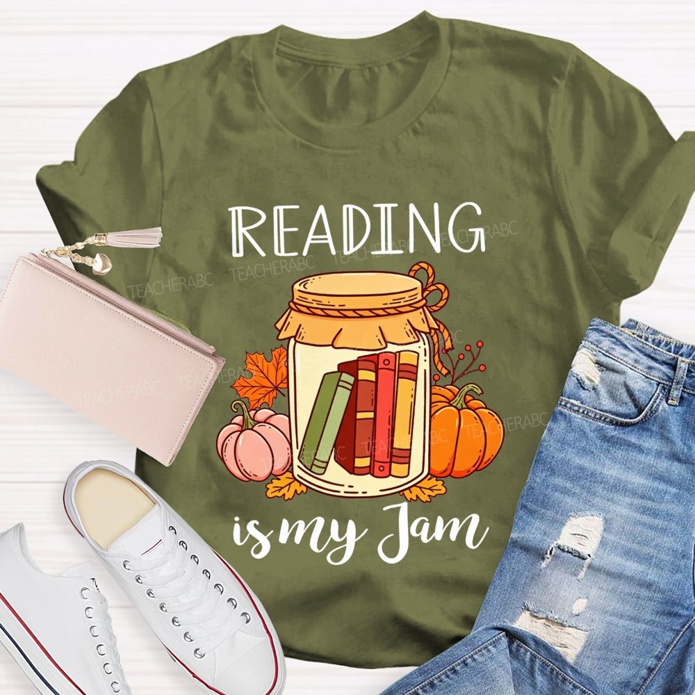 Reading Is My Jam Fall Pumpkin Jar With Books Teacher T-shirt