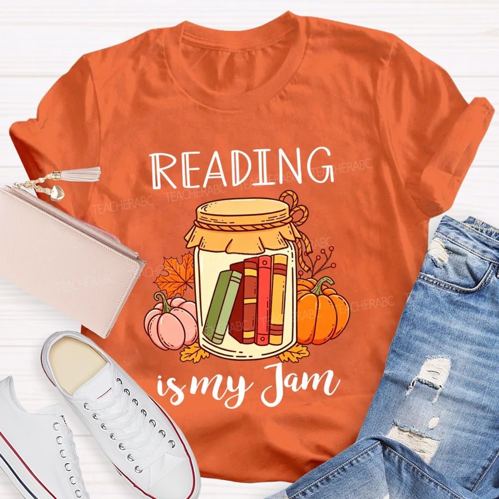 Reading Is My Jam Fall Pumpkin Jar With Books Teacher T-shirt