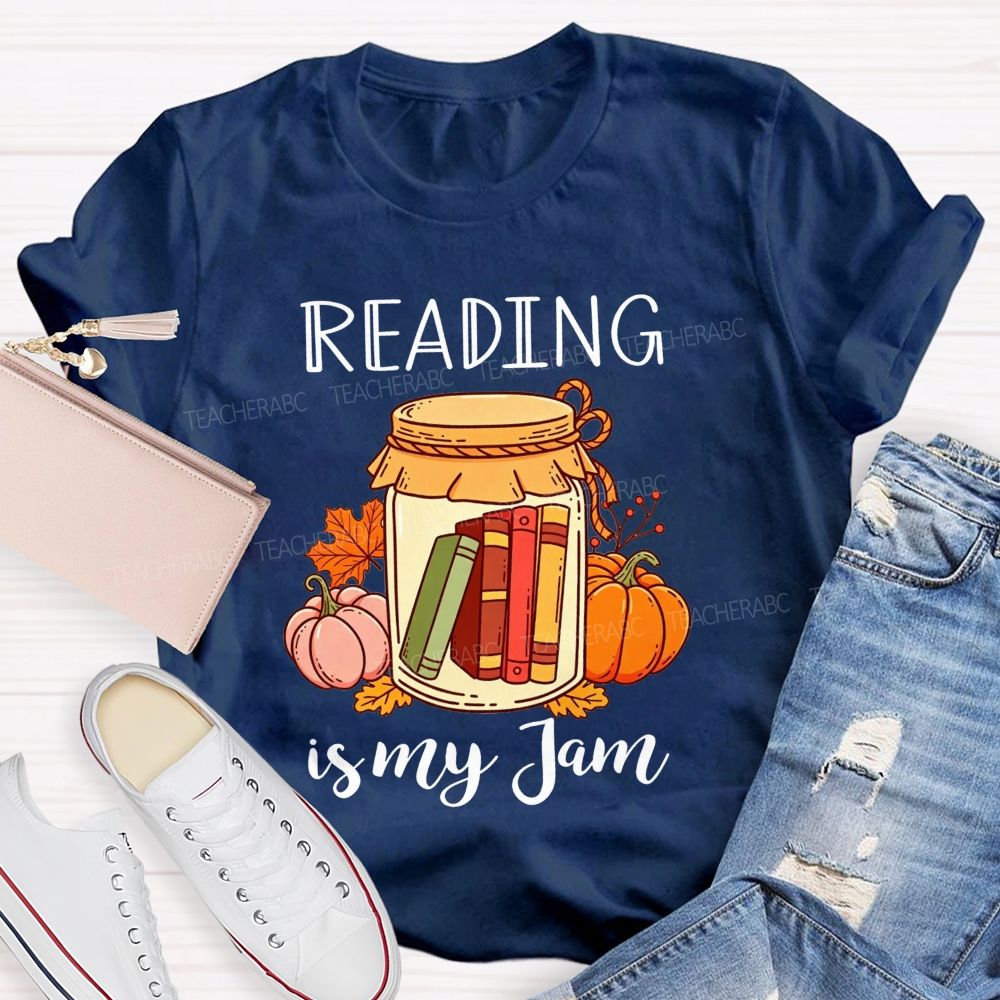 Reading Is My Jam Fall Pumpkin Jar With Books Teacher T-shirt