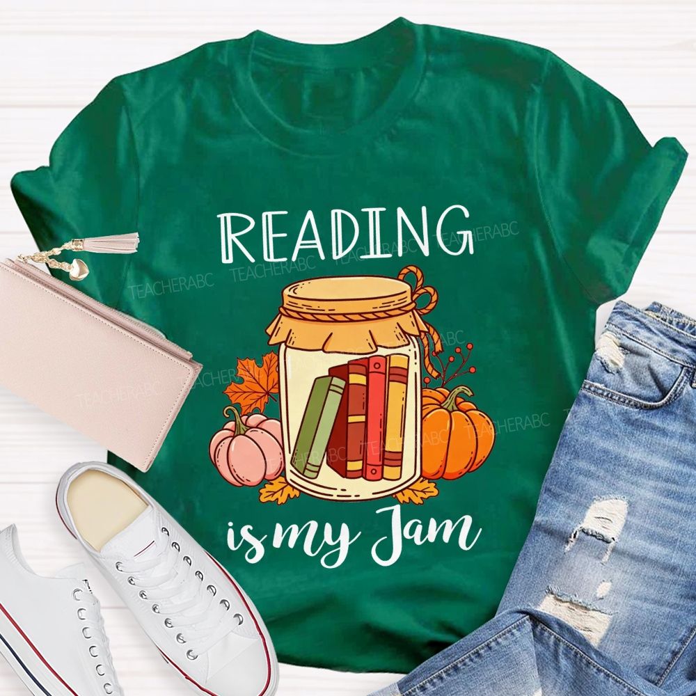 Reading Is My Jam Fall Pumpkin Jar With Books Teacher T-shirt