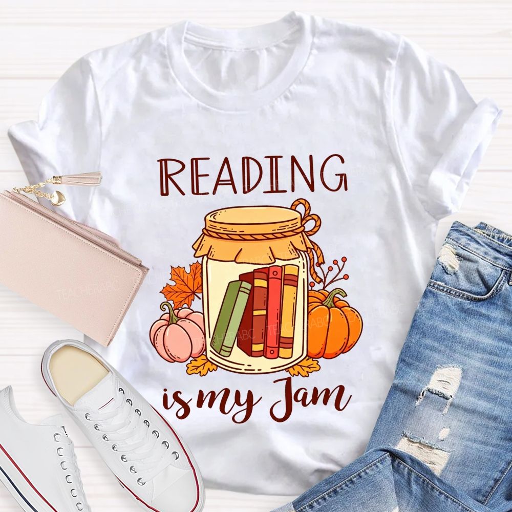 Reading Is My Jam Fall Pumpkin Jar With Books Teacher T-shirt
