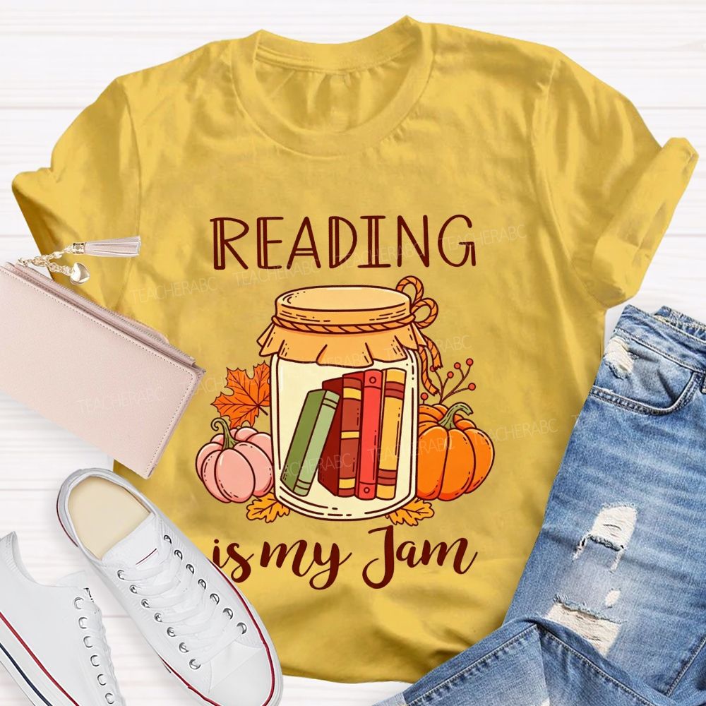 Reading Is My Jam Fall Pumpkin Jar With Books Teacher T-shirt