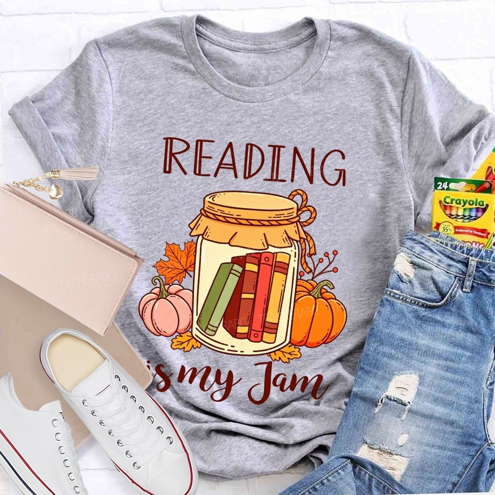 Reading Is My Jam Fall Pumpkin Jar With Books Teacher T-shirt
