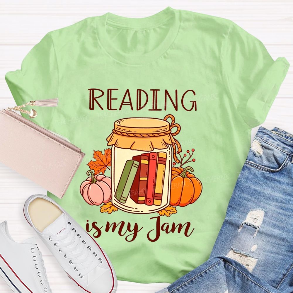 Reading Is My Jam Fall Pumpkin Jar With Books Teacher T-shirt